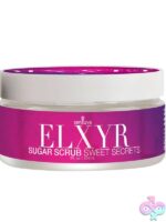 White sugar scrub Sweet Secrets 8 oz jar with pomegranate fig coconut plumeria scent by Sensuva