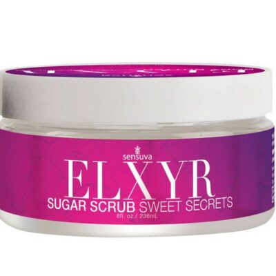 White sugar scrub Sweet Secrets 8 oz jar with pomegranate fig coconut plumeria scent by Sensuva