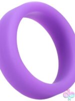 Tantus Super Soft silicone c-ring in purple and red on neutral background