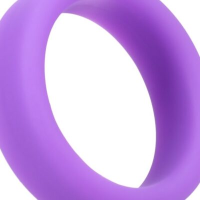 Tantus Super Soft silicone c-ring in purple and red on neutral background
