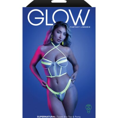 Supernatural glow-in-the-dark zipper bra top and panty set in blue on white background