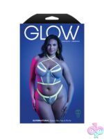 Glow-in-the-dark zipper bra top and panty queen size set in white nylon-spandex by Fantasy Lingerie