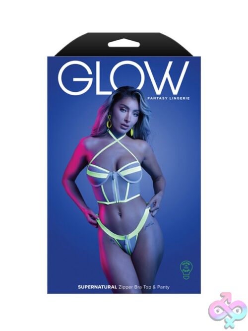 Supernatural Glow-In-The-Dark Zipper Bra Top And Panty Set In Blue On White Background