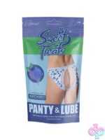 Blueberry print crotchless lace panty with open back in blue S/M by Magic Silk