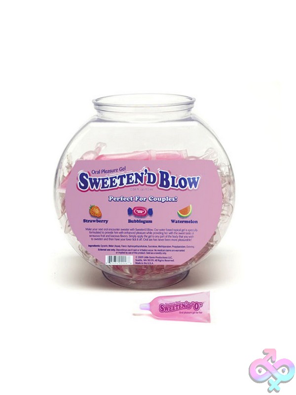 Discreet-Toys-Sweeten-D-Blow-3-Flavor-Fishbowl-66Ct-Nu-Lgbt-023 Pink Fishbowl Display Of 66 Sweeten'D Blow Flavored Oral Gel Tubes In Strawberry, Watermelon, And Bubblegum By Little Genie