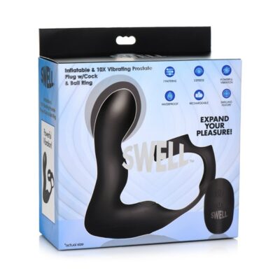 Inflatable vibrating prostate plug with cock-and-ball ring and wireless remote in black silicone by Xr - Swell