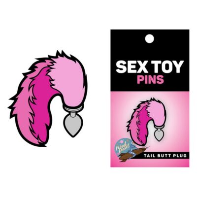 Pink enamel lapel pin with tail butt plug design by Wood Rocket