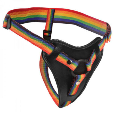 Take the Rainbow Universal Harness by XR Brands — black nylon adjustable strap-on harness with rainbow straps and padded front