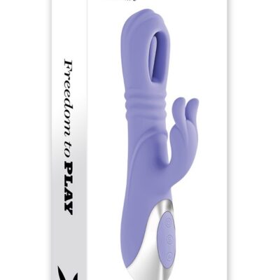 Tap Me In dual rabbit vibrator with G-spot flapper and thrusting shaft in purple silicone by Playboy Pleasure