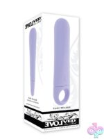 Purple vibrating wedge toy with grooved silicone texture and ring handle by Evolved Novelties
