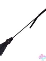 Black leather tasselled riding crop with tassel strips by Rouge Garments
