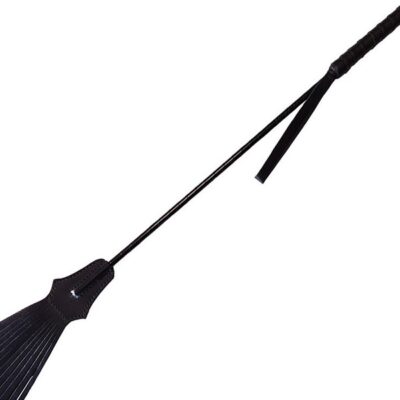 Black leather tasselled riding crop with tassel strips by Rouge Garments