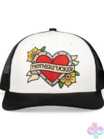 White cotton trucker hat with tattoo-style embroidered heart graphic by Wood Rocket