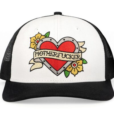 White cotton trucker hat with tattoo-style embroidered heart graphic by Wood Rocket