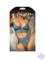 Teal scalloped lace bralette and panty set laid flat on a soft neutral background
