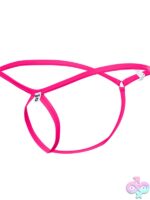 Pink tear drop thong laid flat showing narrow elastic waistband and tear drop front frame
