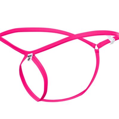 Pink tear drop thong laid flat showing narrow elastic waistband and tear drop front frame