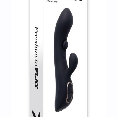 Black tapping dual G-spot rabbit vibrator with flexible shaft and clitoral arm on neutral background