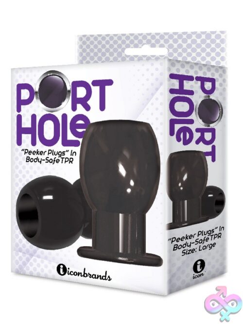 Port Hole Hollow Butt Plug In Black And Purple Shown Side By Side On A Clean Background