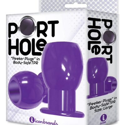 Port Hole hollow butt plug in black and purple shown side by side on a clean background