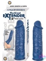 The Great Extender 6 inch silicone penis extension sleeve in blue and gray on neutral background