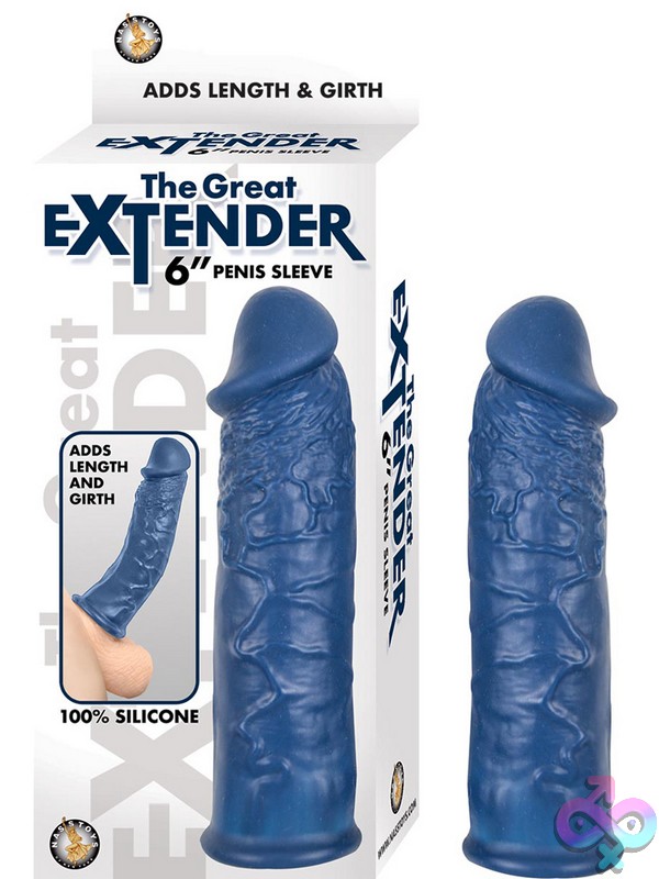 Discreet-Toys-The-Great-Extender-6-Penis-Sleeve-Blue-Nu-Nw2885-1 The Great Extender 6 Inch Silicone Penis Extension Sleeve In Blue And Gray On Neutral Background