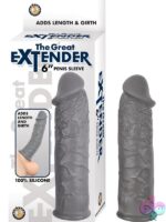 The Great Extender 6 inch silicone penis extension sleeve in blue and gray on neutral background