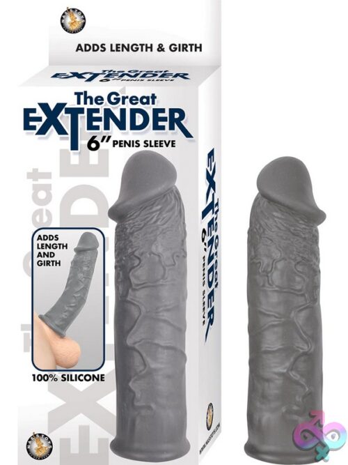 The Great Extender 6 Inch Silicone Penis Extension Sleeve In Blue And Gray On Neutral Background