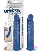 The Great Extender 7.5 inch silicone penis extension sleeve in blue and gray on a neutral background