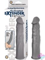 The Great Extender 7.5 inch silicone penis extension sleeve in blue and gray on a neutral background