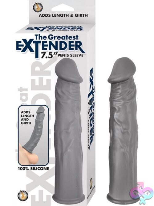The Great Extender 7.5 Inch Silicone Penis Extension Sleeve In Blue And Gray On A Neutral Background