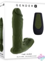 Dual-shaft thrusting vibrator in green liquid silicone with male torso base and realistic crowned head by Gender X