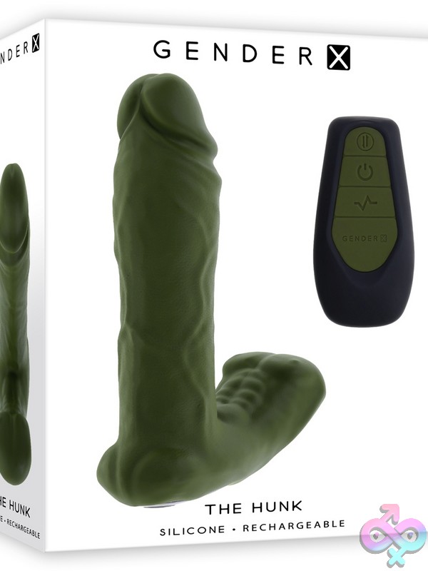 Discreet-Toys-The-Hunk-Nu-Gx-Rs-5568-2 Dual-Shaft Thrusting Vibrator In Green Liquid Silicone With Male Torso Base And Realistic Crowned Head By Gender X