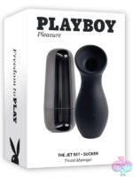 Jet Set Sucker clitoral suction toy in metallic black charging case by Playboy Pleasure