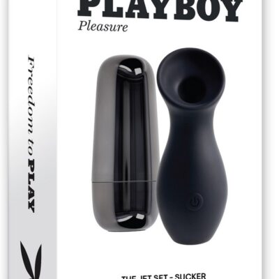 Jet Set Sucker clitoral suction toy in metallic black charging case by Playboy Pleasure