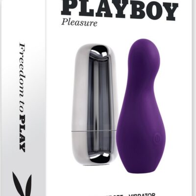 Purple silicone travel vibrator with silver charging case by Playboy Pleasure