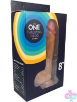 Realistic beige 8 inch thrusting vibrating dildo with suction cup base and wireless remote by The One