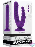 Double-ended purple silicone vibrator with suction cup base and remote by Evolved Novelties