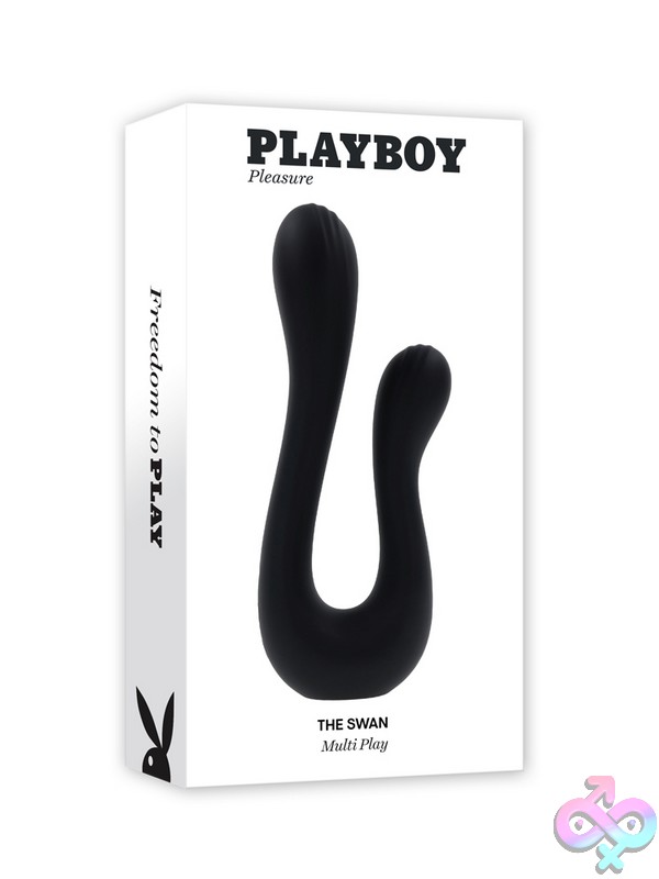 Discreet-Toys-The-Swan-Nu-Pb-Rs-4295-2 The Swan Black Dual-Shaft Rabbit Vibrator Standing Upright On A Nightstand, Showing Flexible Silicone Shafts And Textured Bulbous Tips