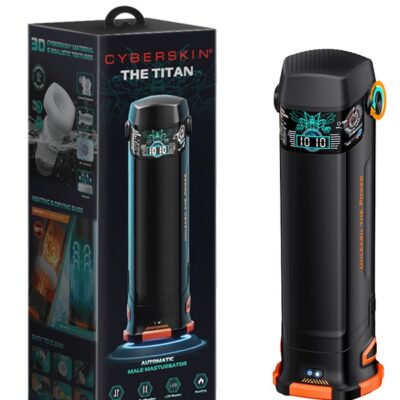 Titan 01 automatic male masturbator in black with adjustable handle and Mag-Connect sleeve by Cyberskin