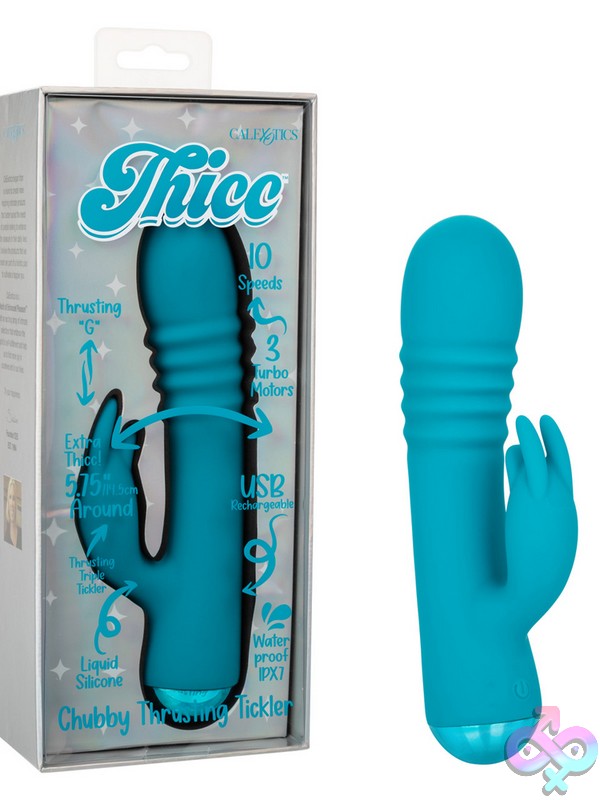 Discreet-Toys-Thicc-Chubby-Thrusting-Tickler-Nu-Se-0650-40-3 Thick Blue Thrusting Rabbit Vibrator With Triple Teaser Arm By California Exotic Novelties