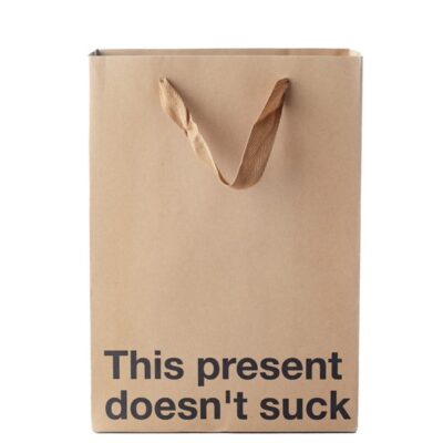 Snarky beige Kraft paper gift bag with brown ribbon handle by Wood Rocket