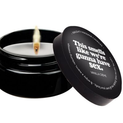 White warming massage candle with playful label by Kama Sutra