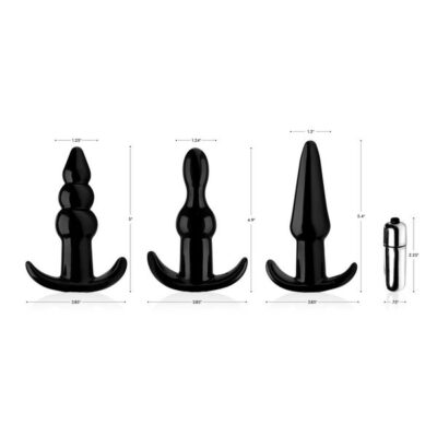 Thrill Trio Anal Plug Set Black by XR Brands — three graduated plugs with vibrating bullet
