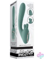 Poseable thrusting vibrator with rotating 3-prong stimulator in gray silicone by Evolved Novelties
