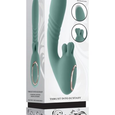 Poseable thrusting vibrator with rotating 3-prong stimulator in gray silicone by Evolved Novelties