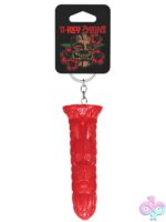 Fire red silicone tiki idol keychain with Polynesian design by Doc Johnson