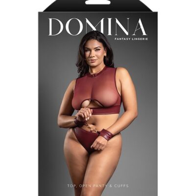 Burgundy faux leather and mesh cutout lingerie top with crotchless panty and gold handcuffs, queen size