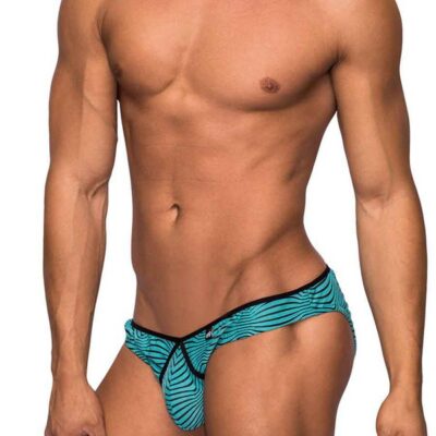 Tranquil Abyss mini bikini underwear for men in blue zebra print with enhancing pouch