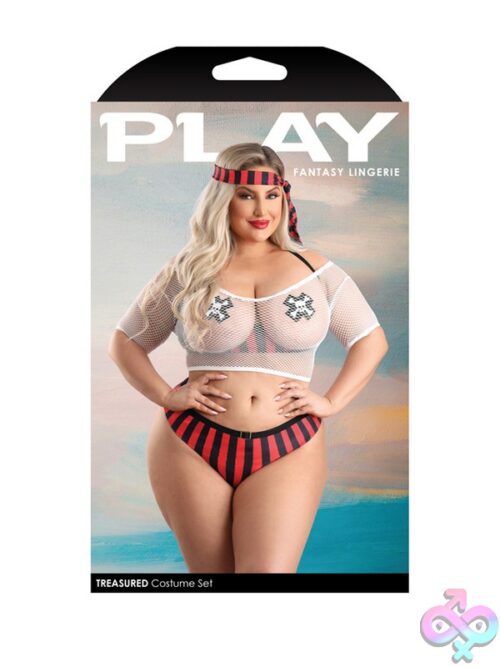 Red 5-Piece Pirate Lingerie Costume Set With Open-Cup Bra, Fishnet Top, Panty, Head Scarf, And Cross Pasties